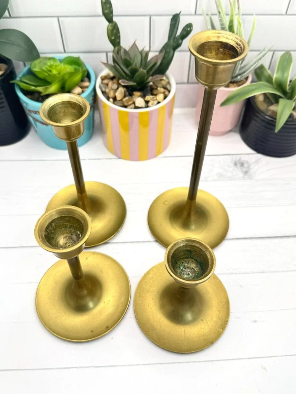 Vintage Brass Candle Holder Set Of 4 With Varying Heights Tapered Design
